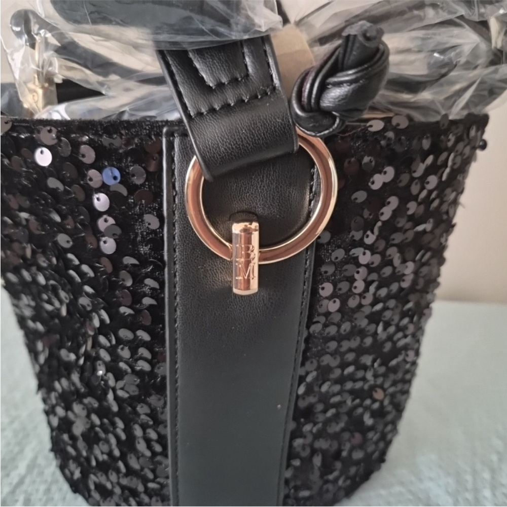 Badgley Mischka Black Sequin Bucket Bag with Gold Accents - Picture 2 of 10